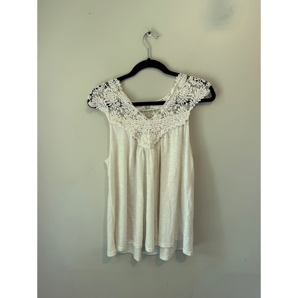 Sweet Wanderer Cream Crochet Lace Yoke Slub Knit Tank Top SJ1841 Womens Large